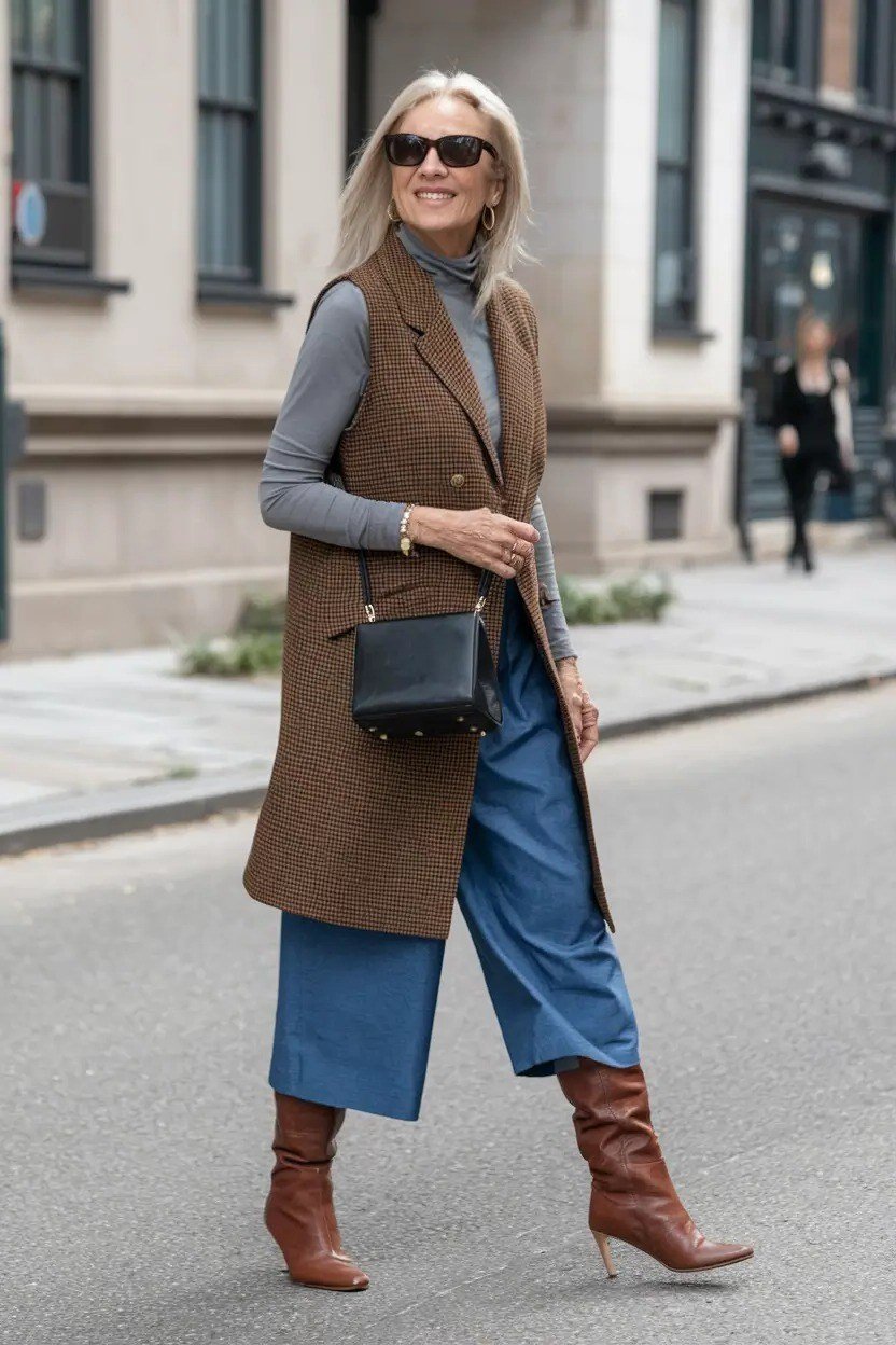 brown vest gray turtleneck culottes boots fall outfit