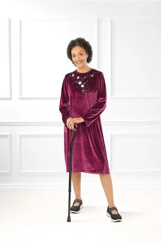 maroon velvet dress with embroidered neckline for women over 60