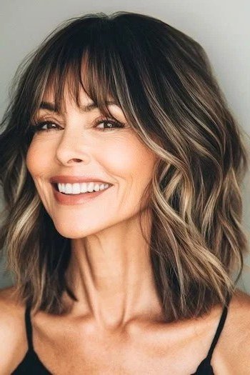 Caramel balayage wavy lob with bangs for women over 60
