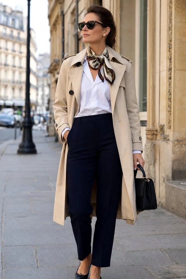beige trench with white shirt and navy wide trousers for women over 50