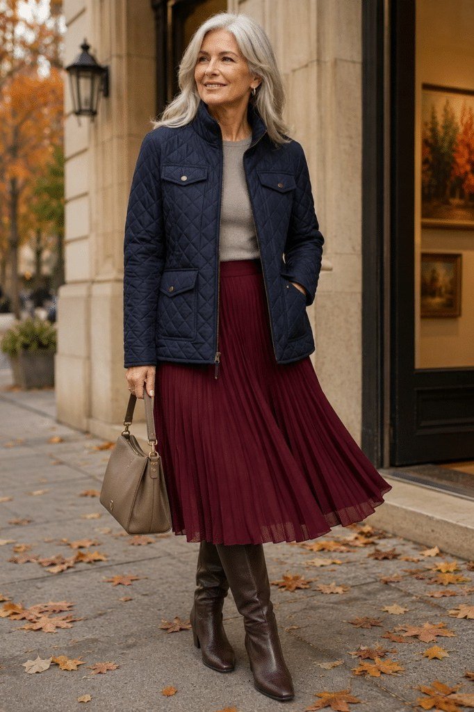 Casual fall outfit for women over 60: oatmeal turtleneck, brown corduroy midi skirt, brown boots
