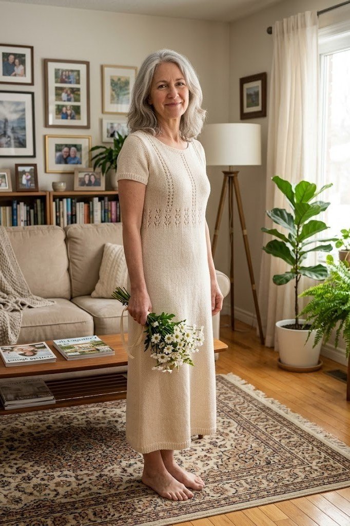 cream knit midi dress for women over 60