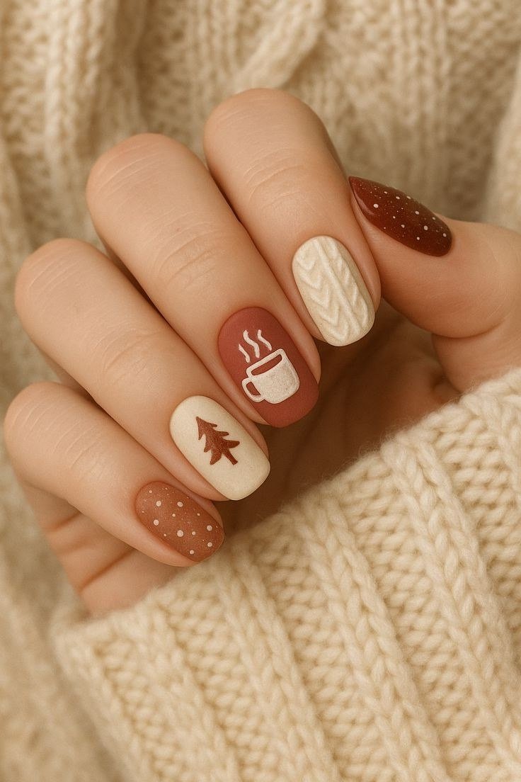 Coffee cup and pine tree nail art, fall nail design for older women