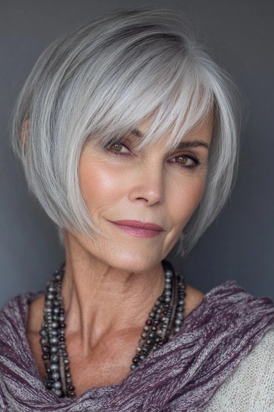 Silver Bob with Feathered Bangs, chic bob haircut for women over 50