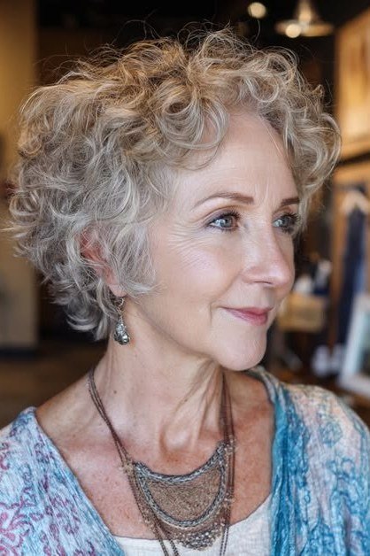 Wavy top silver pixie haircut for mature women