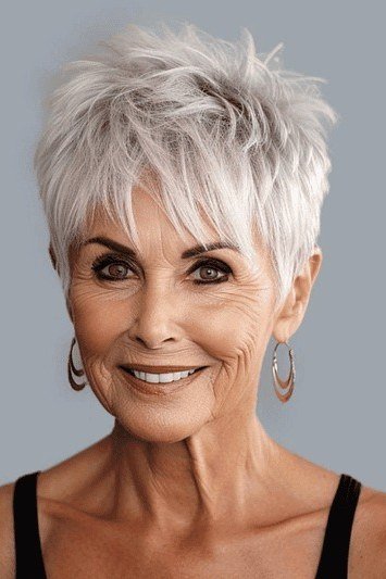Textured silver-white pixie haircut for women over 40