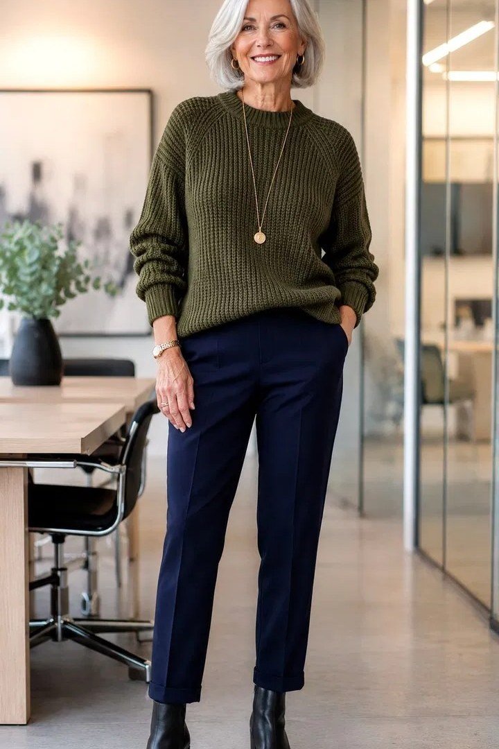 Woman over 50 wearing an olive knit sweater with navy trousers and ankle boots