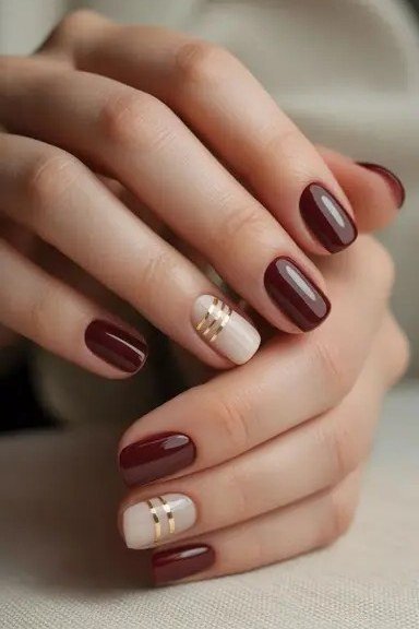 Burgundy leaf accent nails, fall nail design for women over 60