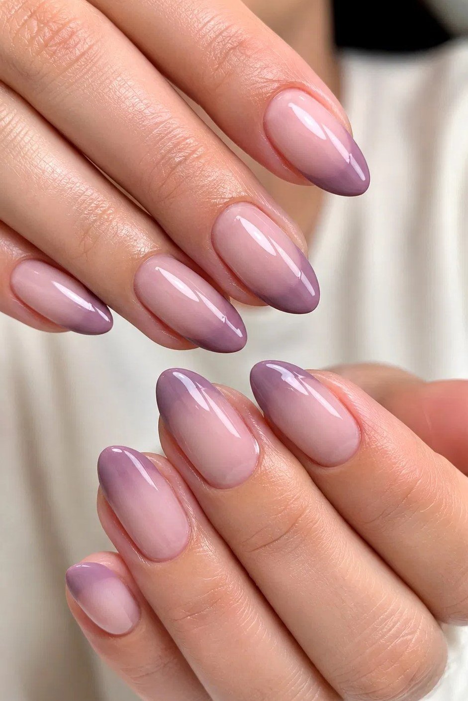 Mauve to Nude Ombre Almond Nails, elegant mauve nail idea for women over 60