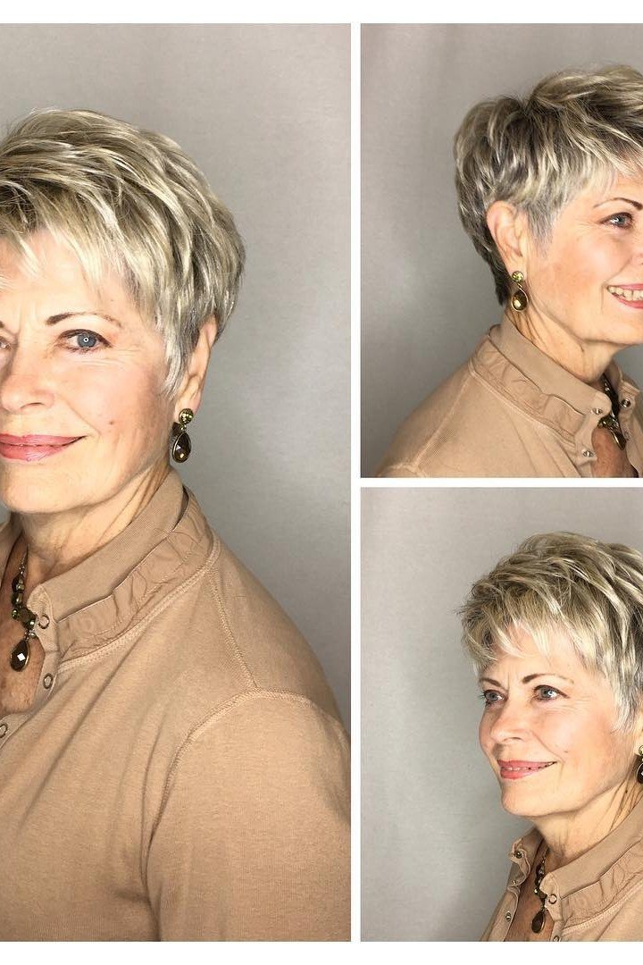Curly grey pixie haircut for women over 70, side view