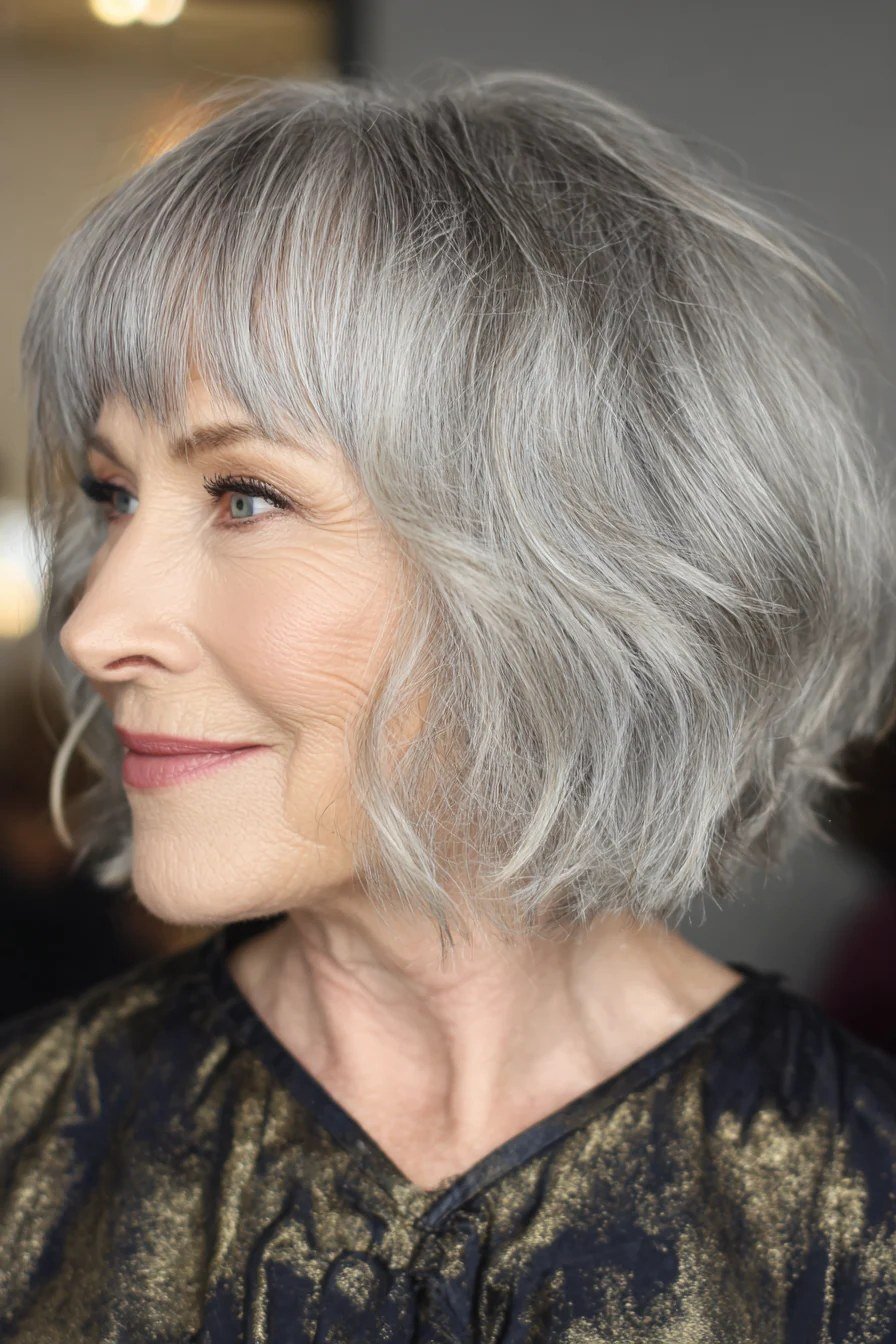 White layered bob with bangs for women over 60, side view