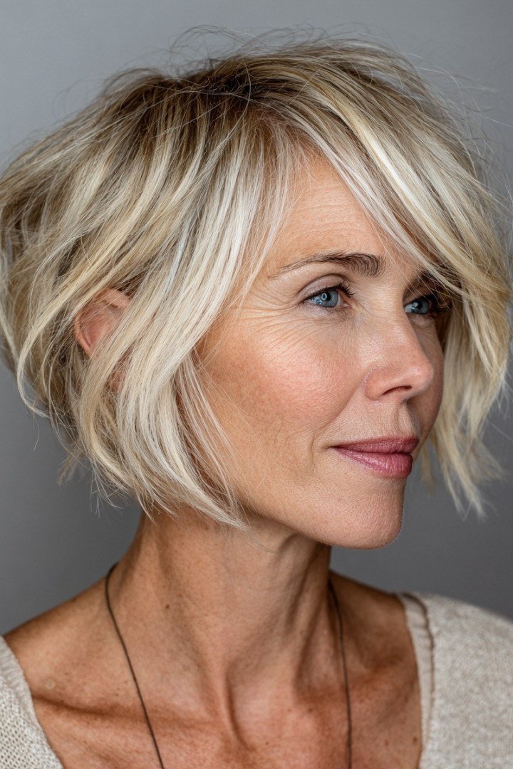 Blonde chin-length bob with curtain bangs - trendy short haircut for older women with fine hair