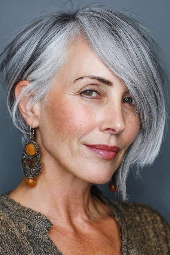 sleek chin length silver bob, side view