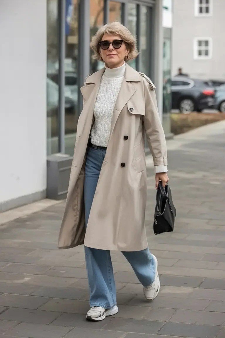 Beige Trench Coat With White Turtleneck - flattering outfit idea for women over 50, how to dress better over 50