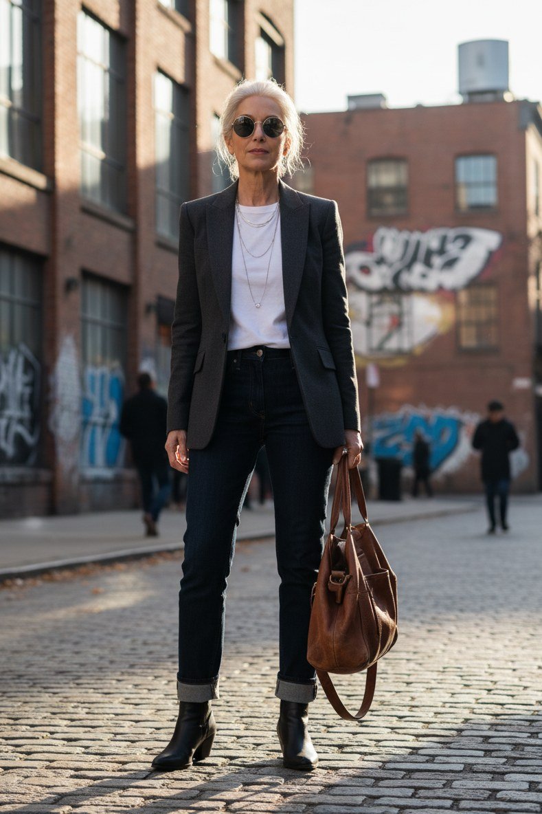Charcoal blazer with white tee and dark jeans, smart casual outfit for women over 40