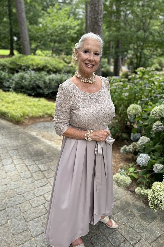 gray lace top with long skirt two-piece set, garden,, elegant wedding guest dress for women over 60