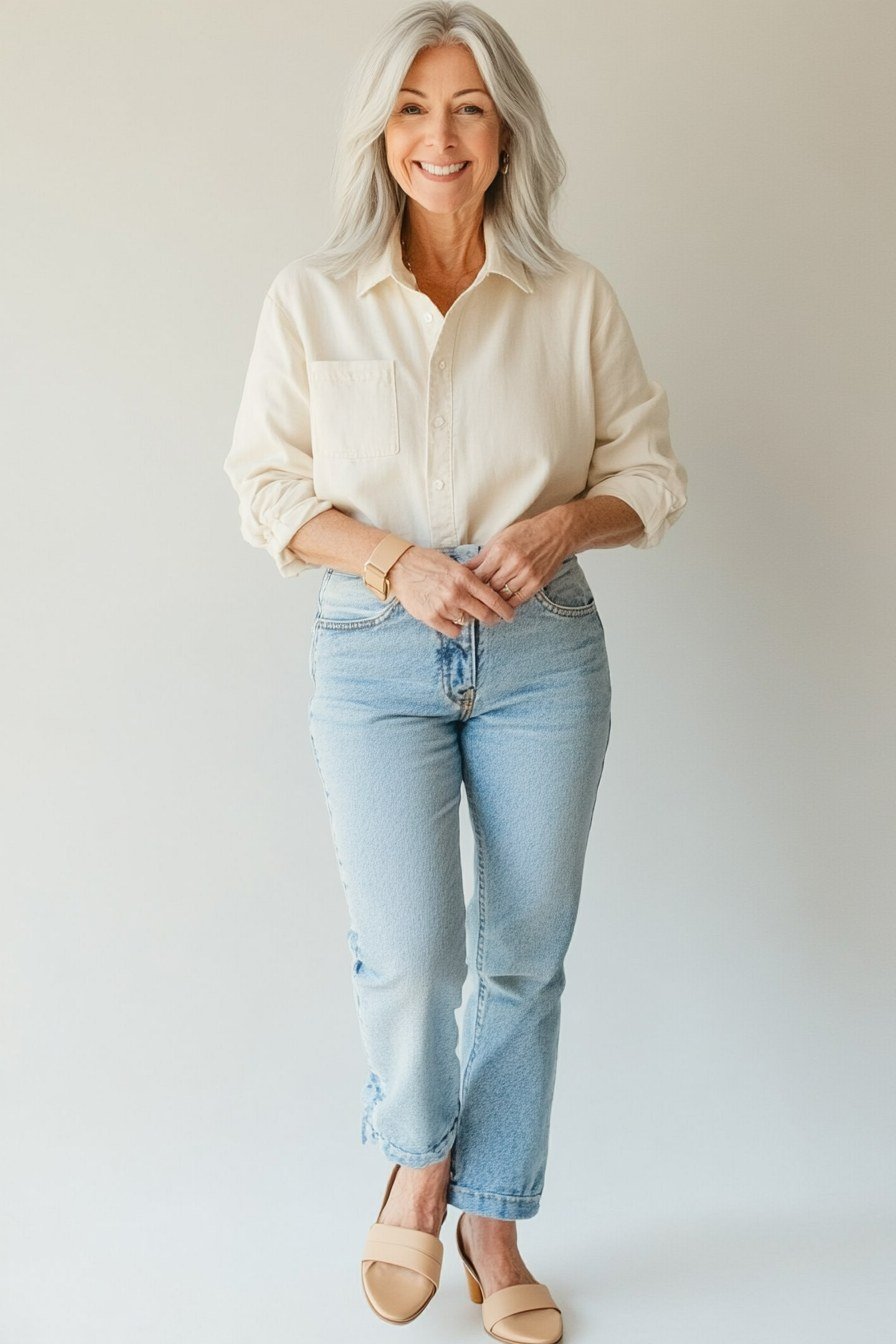 Easy casual outfit idea for women over 50: cream shirt and light wash jeans, older woman everyday style