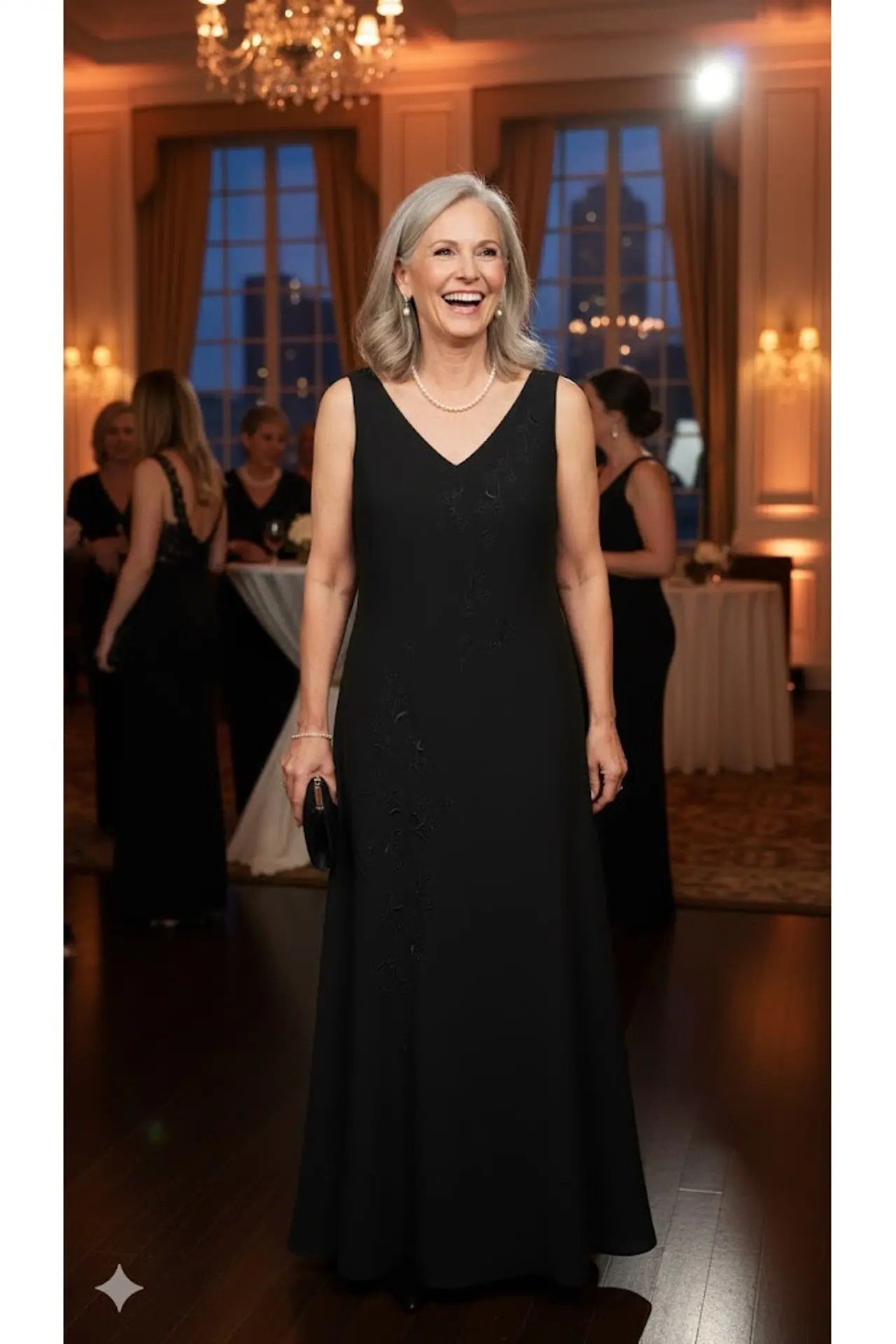 Black V-neck maxi evening gown for women over 50