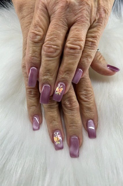 Mauve purple floral art very old hands nails for women over 50