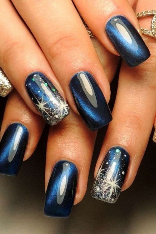 Navy Chrome Snowflake Nails - navy chrome snowflake nails, glitter winter nail design for women over 60