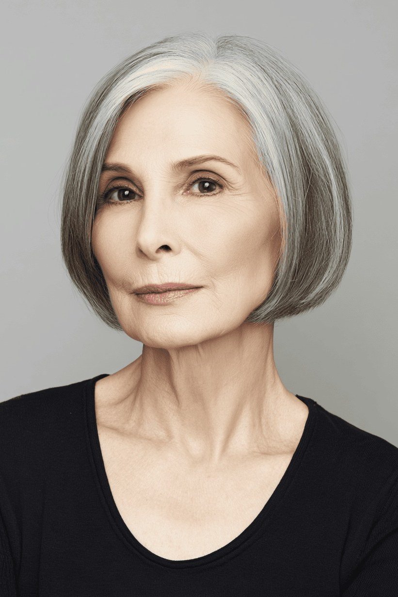 Silver straight chin-length bob, timeless hairstyle for women over 70