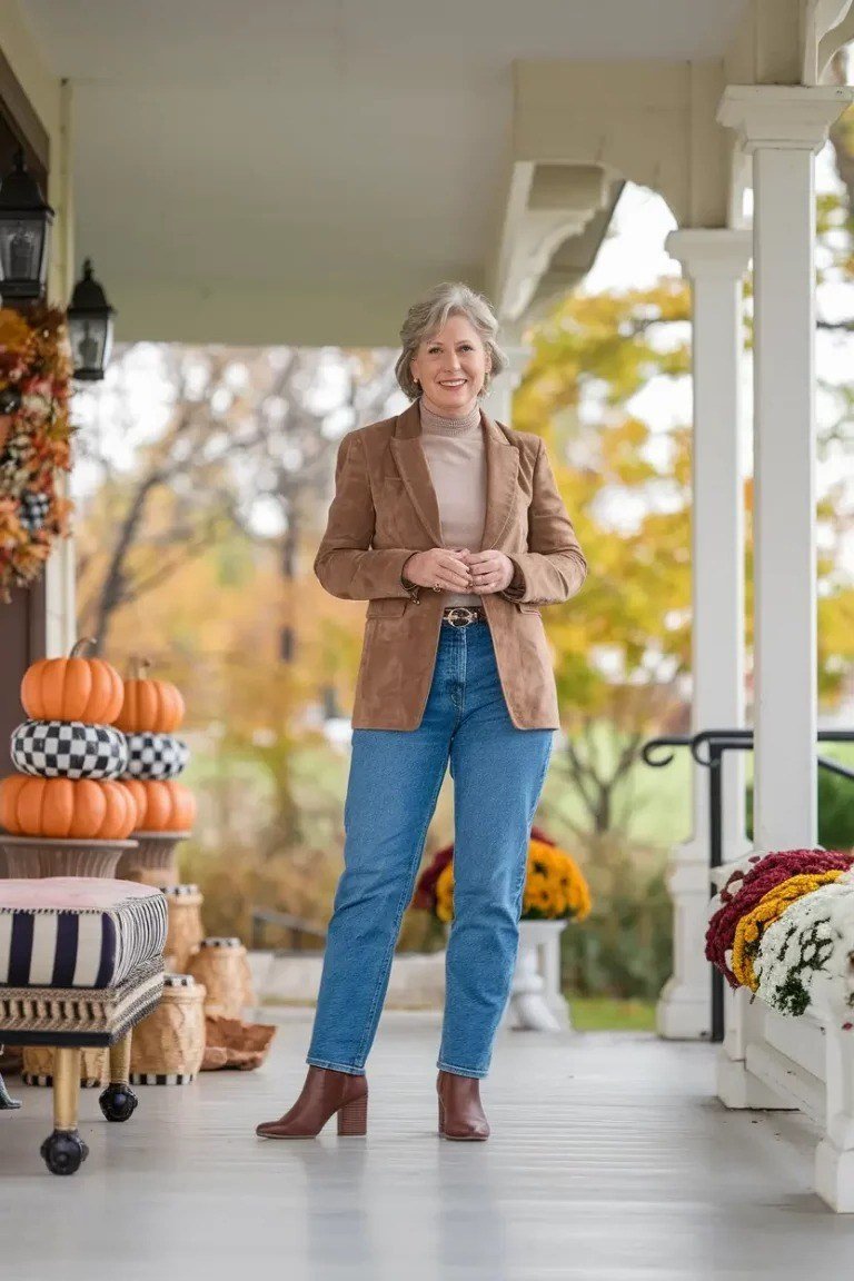 Fall city outfit for women over 50: tan suede jacket blue jeans brown ankle boots
