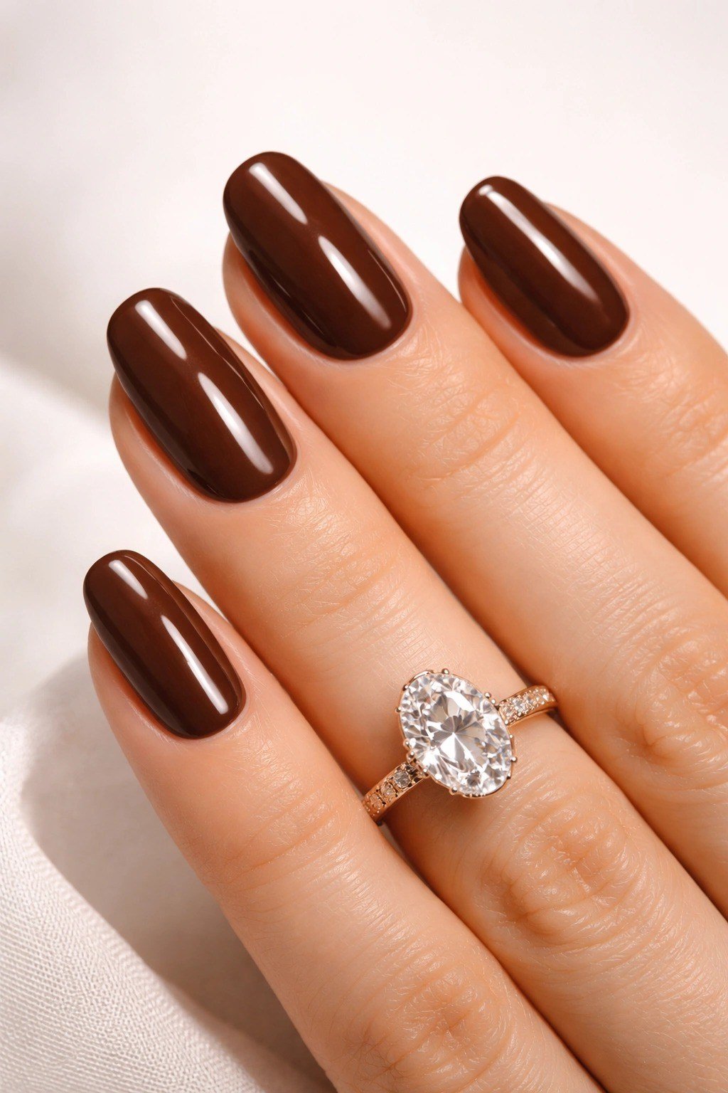Chocolate Brown Almond Nails with a Diamond Ring - old money fall nail color for women over 40