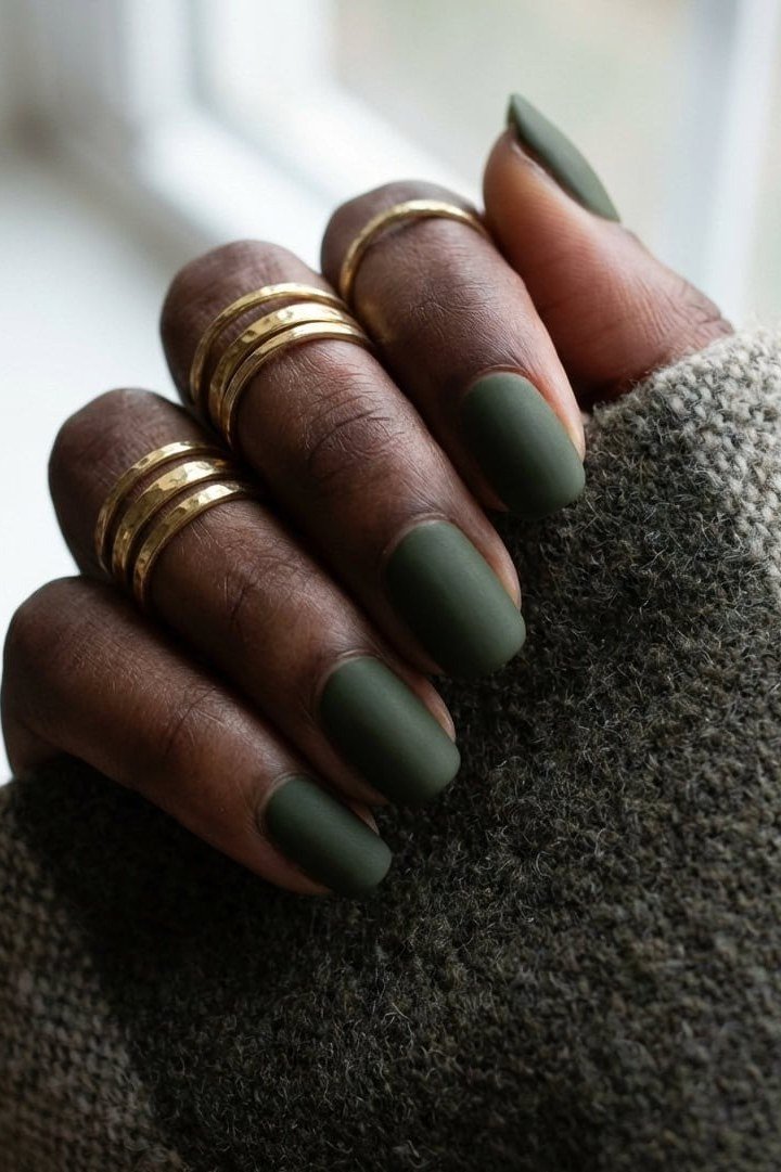 Dark Green Matte Almond Nails - winter nail trend for older women over 70