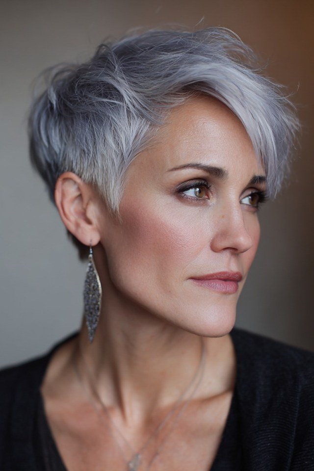 Grey wispy pixie in studio side profile with neat taper