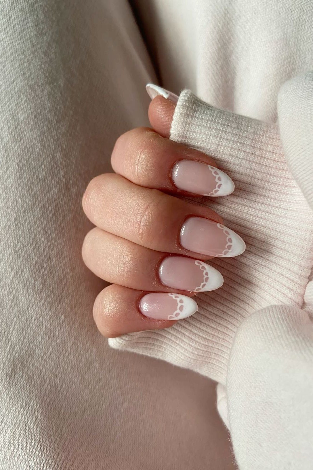 Scalloped White Edge with Dots - micro french manicure with ultra-thin tip line, elegant nail design for women over 50