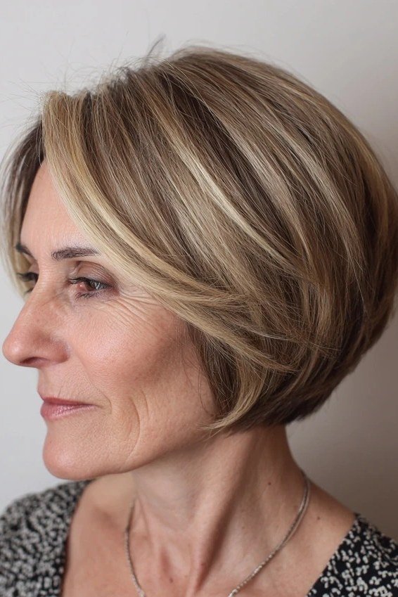 brown-blonde layered bob, side view — chin-length layered bob hairstyle for women over 50