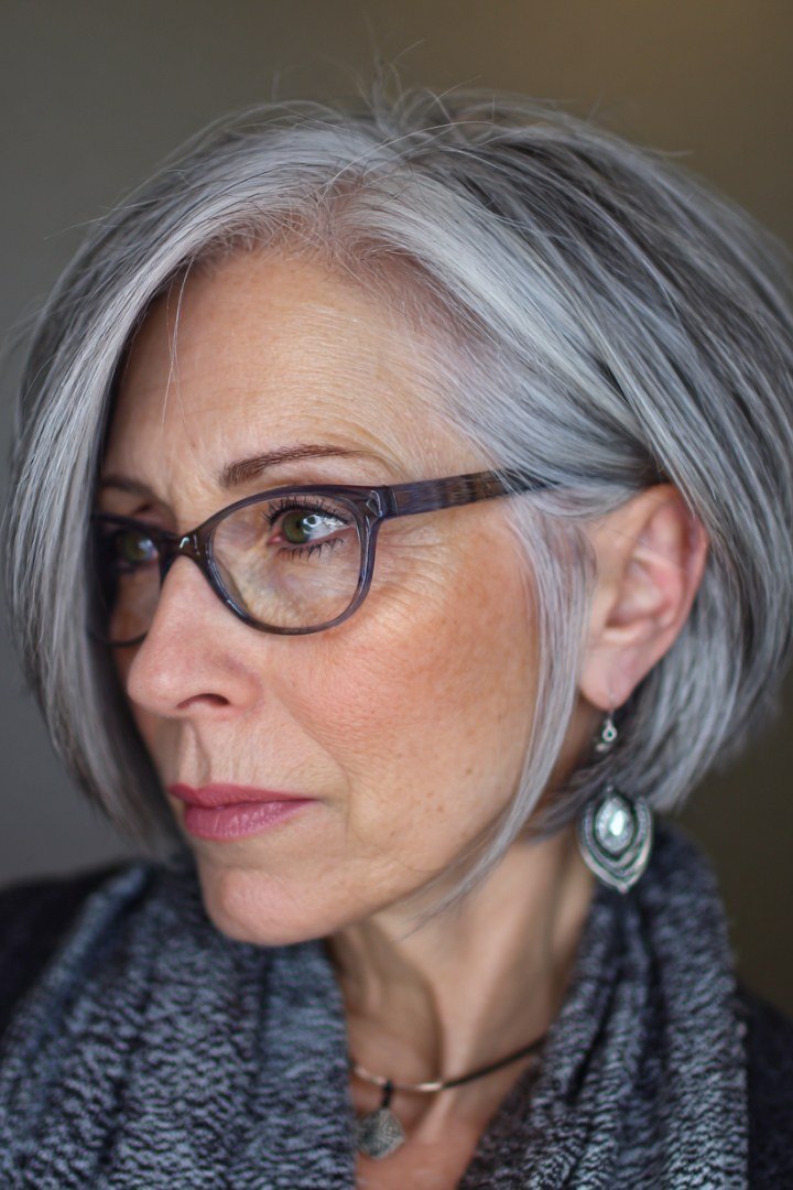 Silver Sleek Lob with Glasses - layered lob hairstyle for women over 60