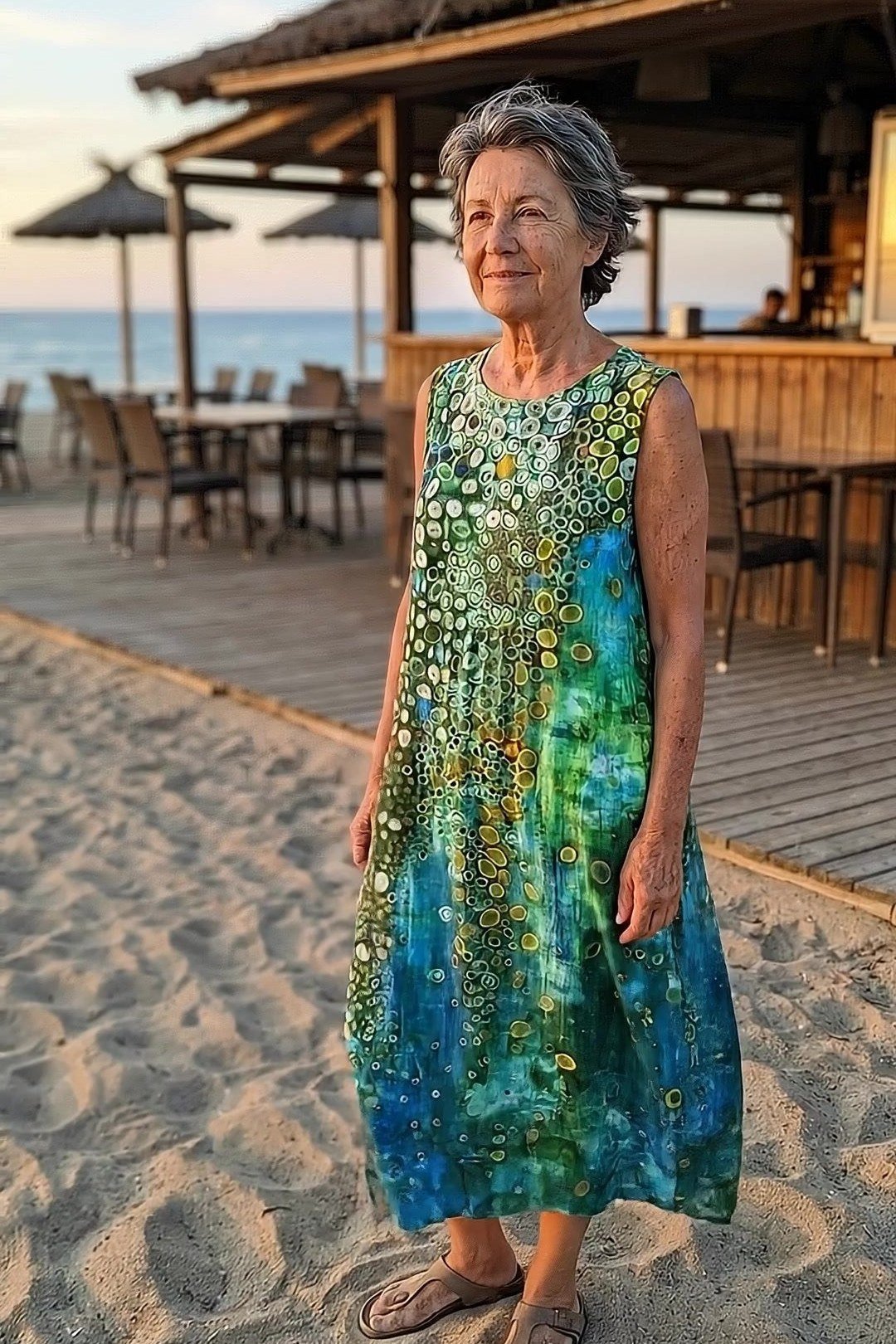 Breezy summer dress for women over 60: pink green tropical maxi