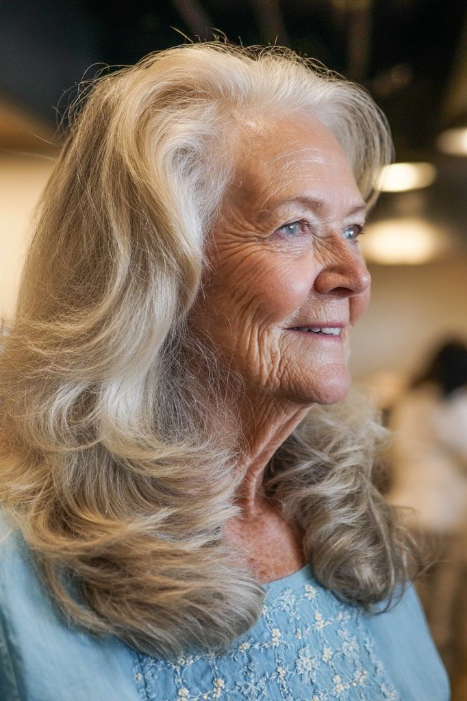 Silver-White Wavy Butterfly Cut - butterfly cut hairstyle for women over 60