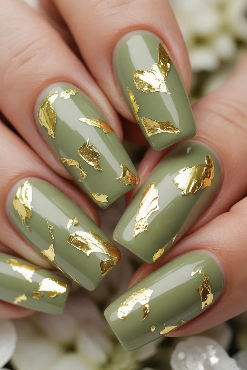 31. Sage Green Nails With Gold Foil - Thanksgiving nail art idea for women over 50