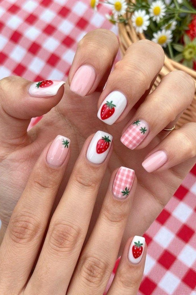 Strawberry and gingham picnic nail art on almond nails