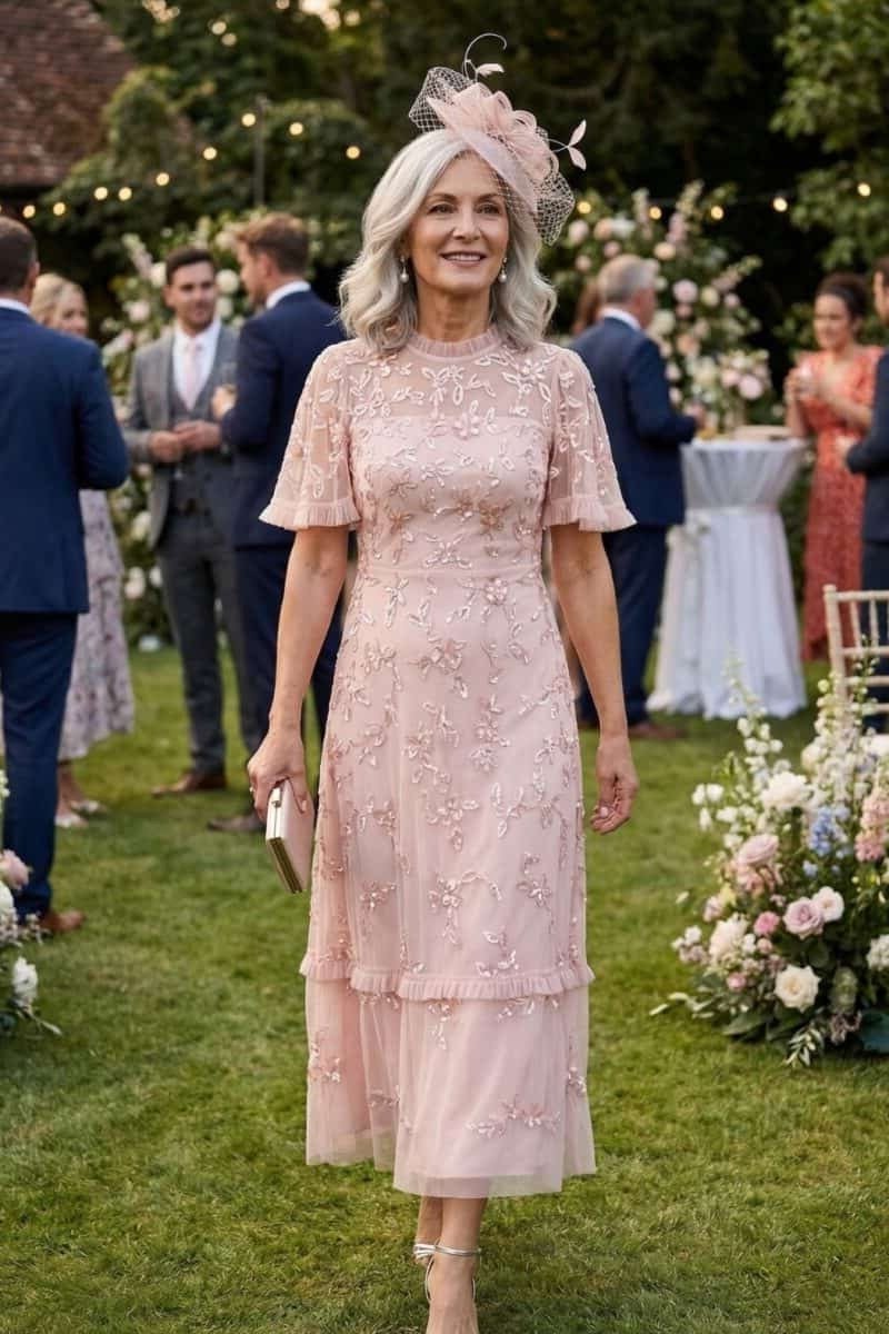 Pink lace tiered midi dress, outdoor wedding - wedding guest outfit for women over 50