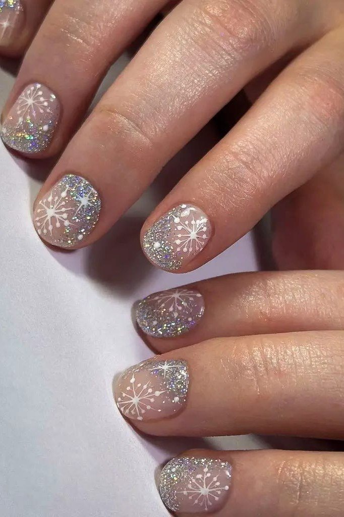 Champagne Multi-Glitter Short Round Nails, fun winter nail idea for women over 60