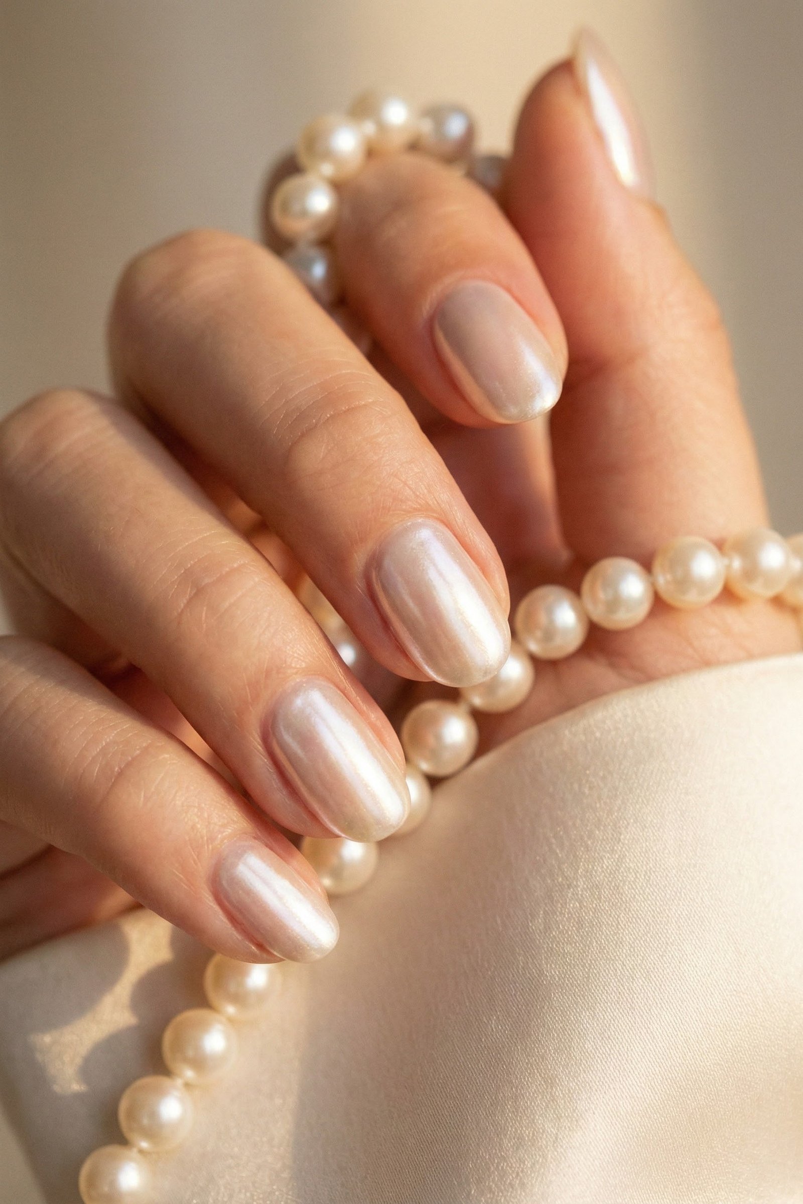 Pearl Chrome Nails with Pearls, understated glam nail color for women over 60