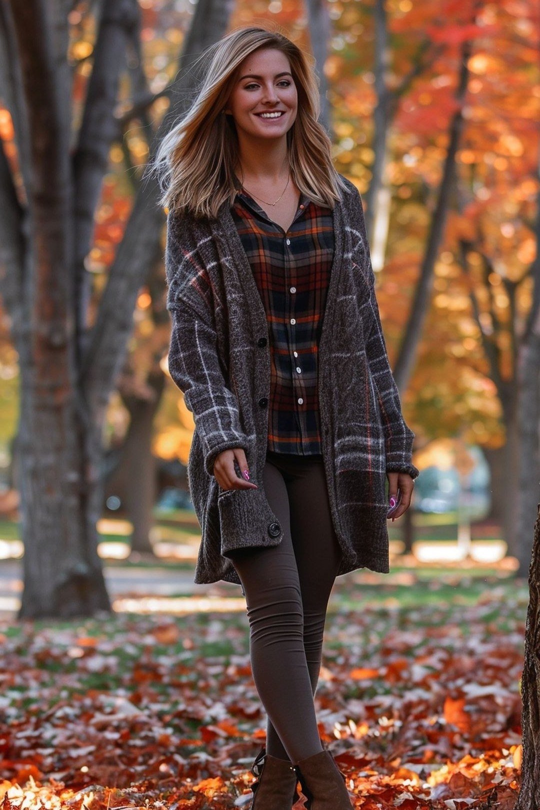 Grey Plaid Layers with Brown Trousers - fall outfit for women over 40