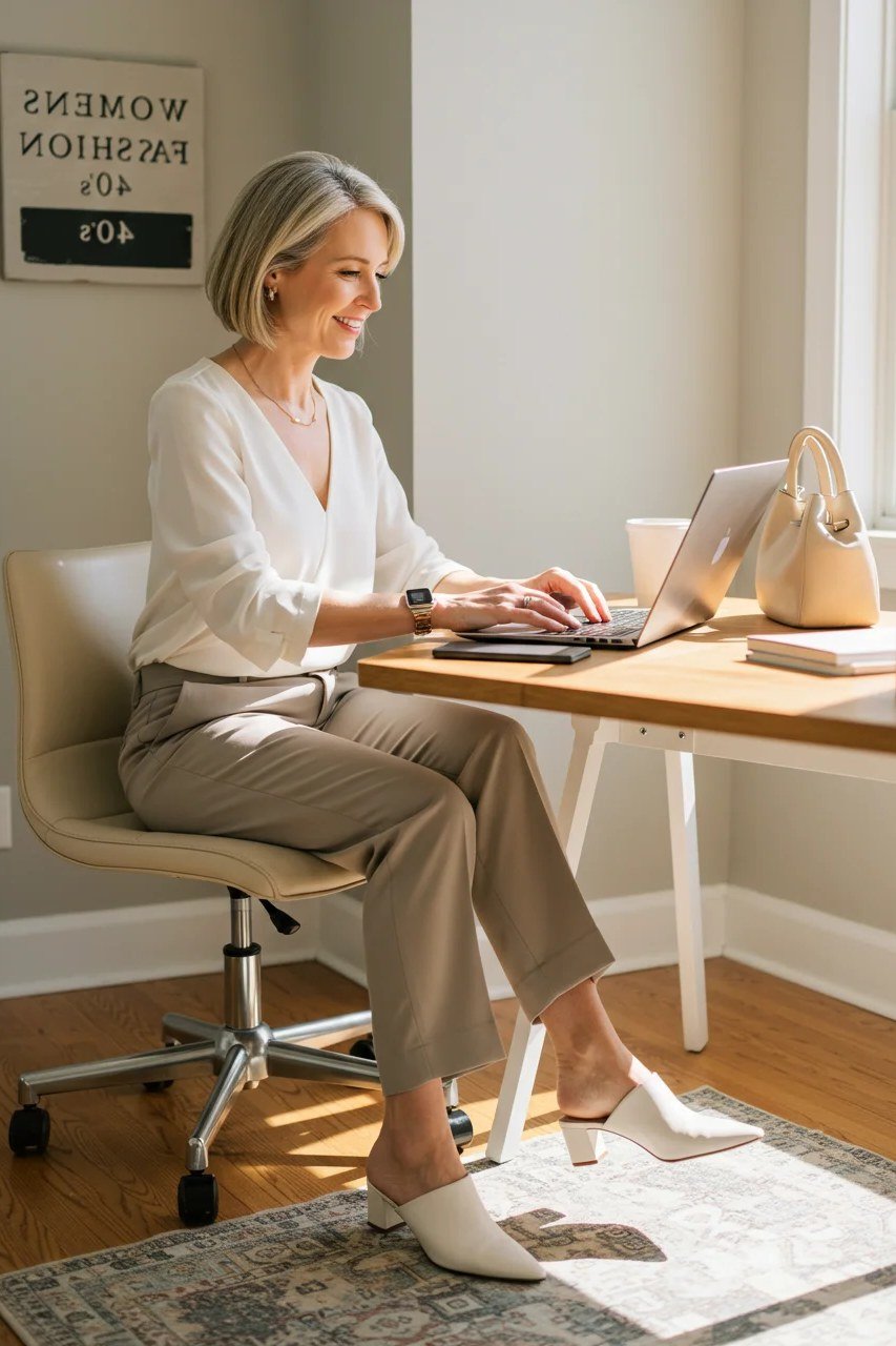 Work outfit for women over 40: cream blouse with beige trousers at a desk