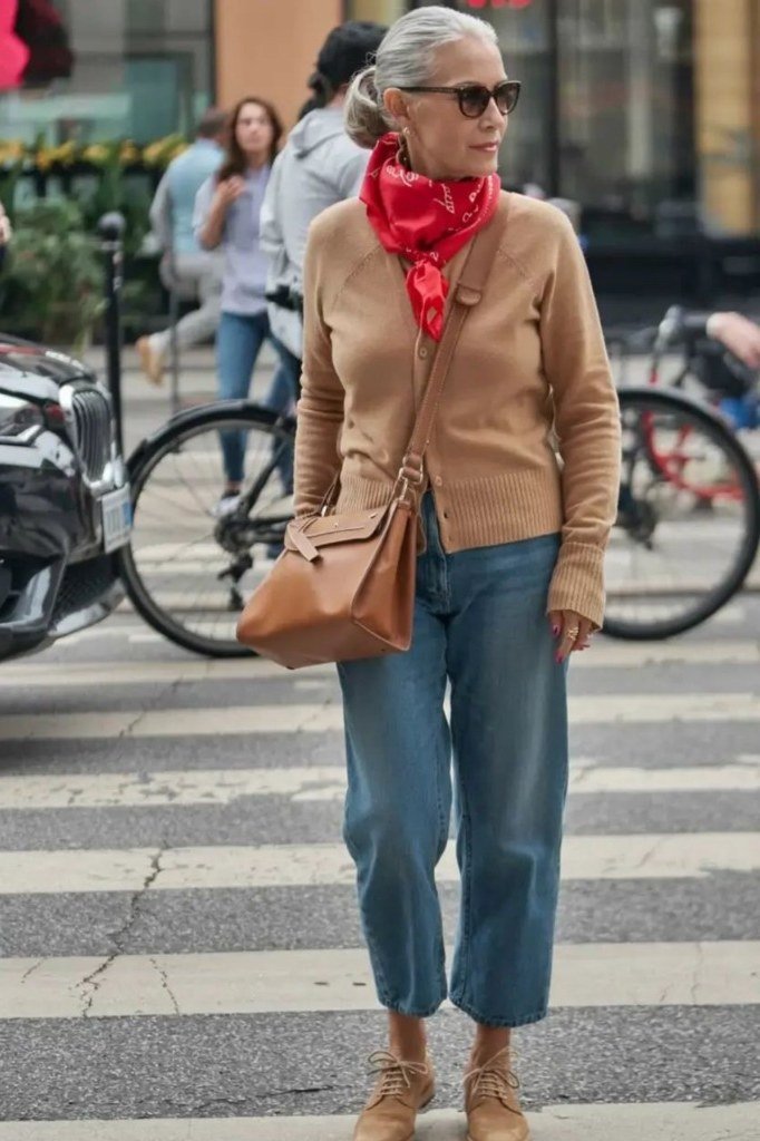 camel cardigan jeans red scarf outfit over 50