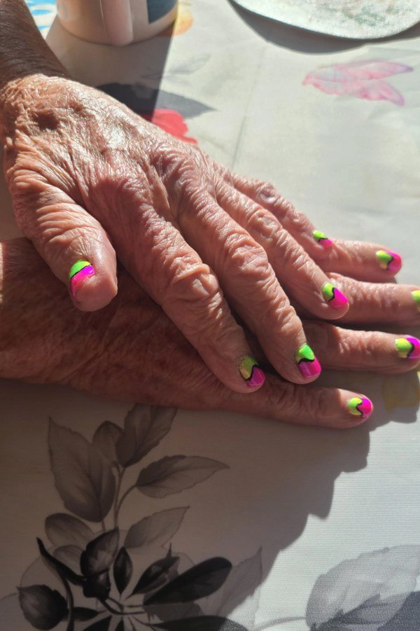 Neon pink and green French tips