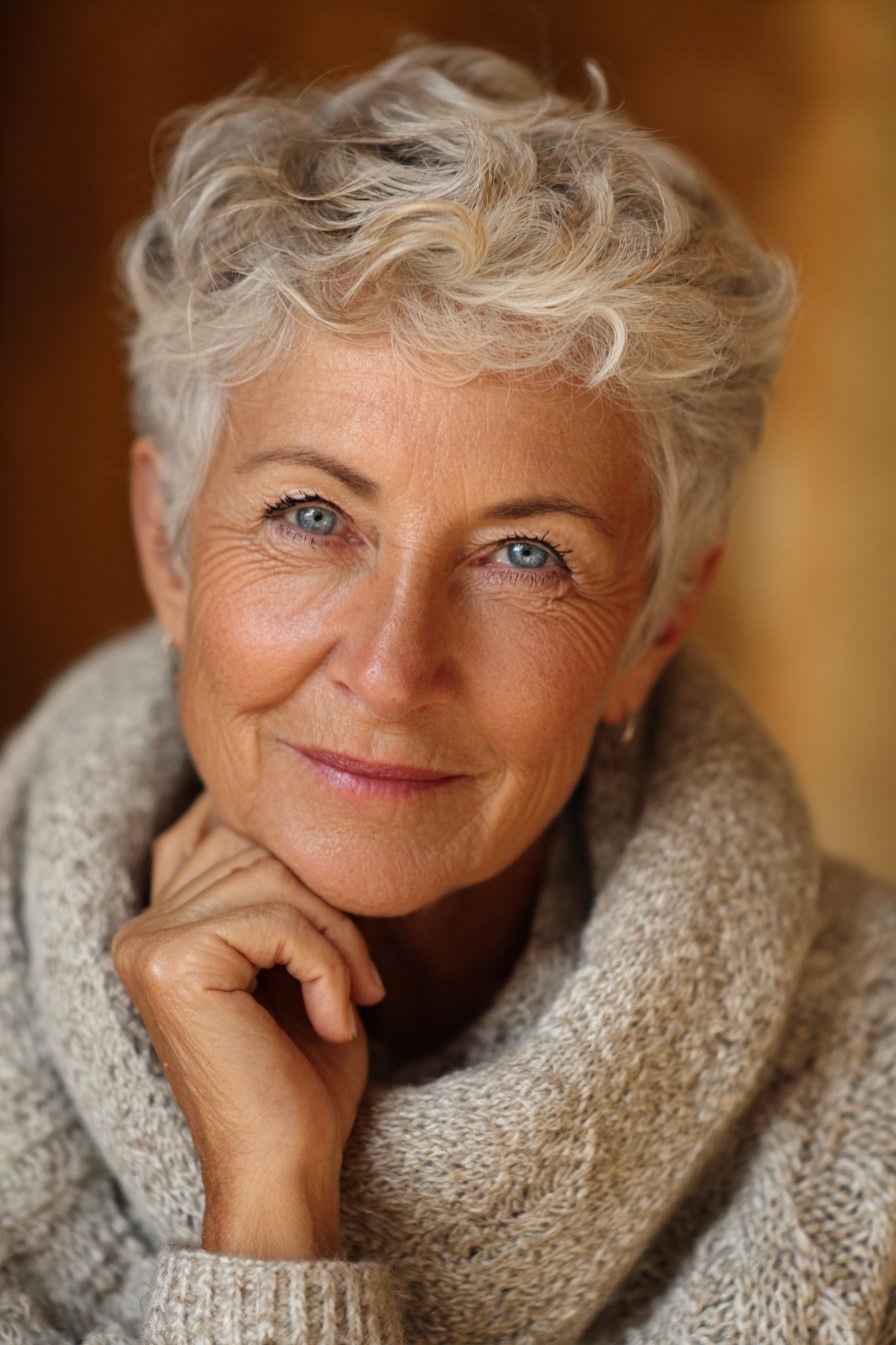 White curly crop haircut for women over 60
