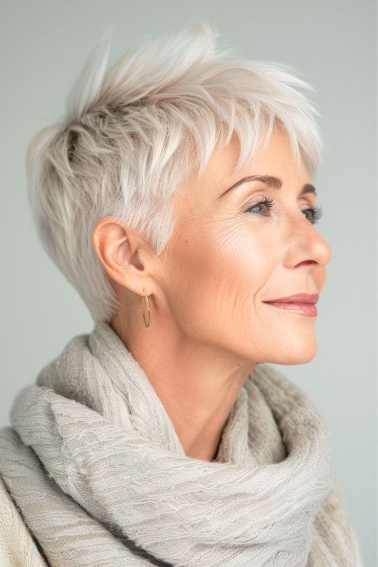 White spiky pixie, three-quarter view, micro pixie cut for women over 60 going silver