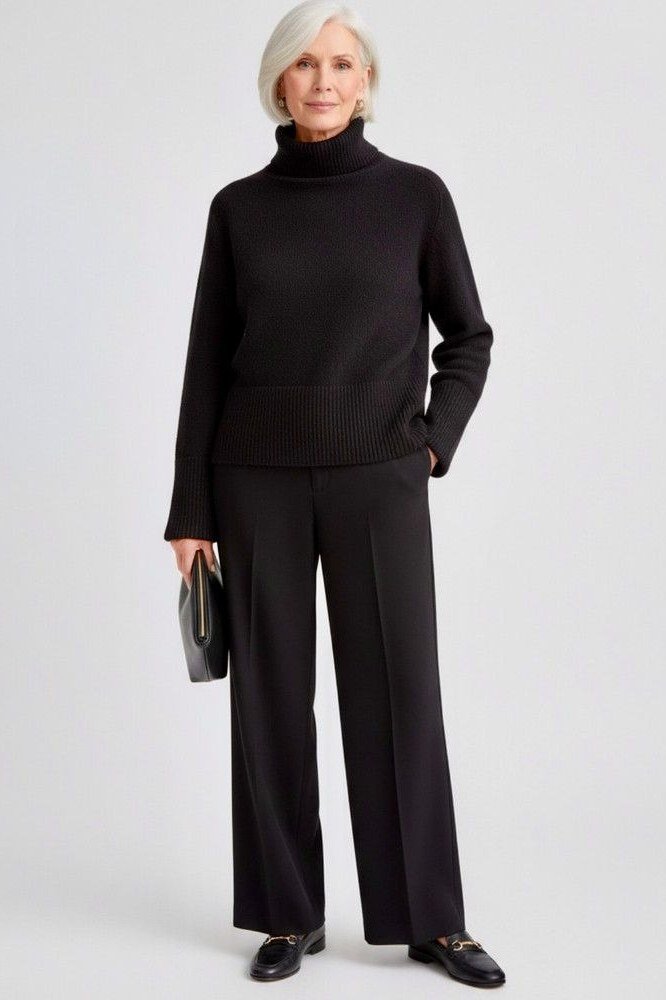 Black turtleneck sweater with black wide-leg trousers on studio backdrop, cozy sweater outfit idea for women over 70