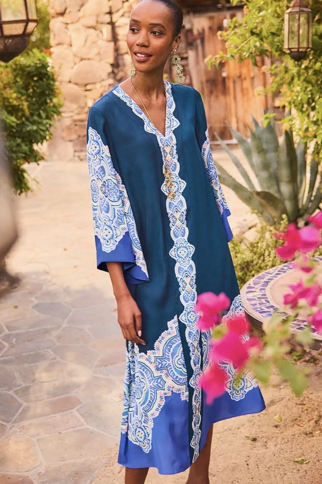 Navy Kaftan with White Embroidery summer outfit idea for women over 60