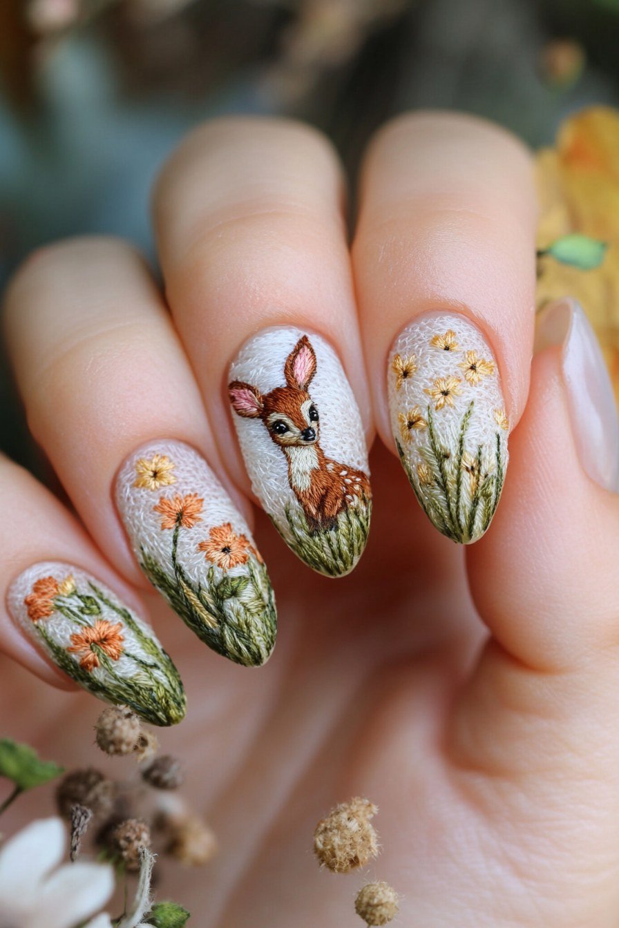 Almond nails with hand-painted fawn in grass and floral art