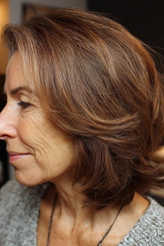 Auburn layered bob, side view, smiling, classic hairstyle for women over 70