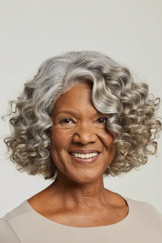 silver-grey curly bob, smiling front view hairstyle for women over 70